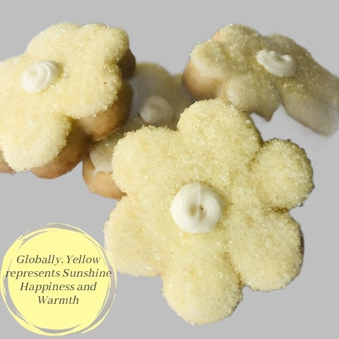 yellow flower shaped sugar cookies. baked fresh. personalize for cookie favors, events and special occasions.