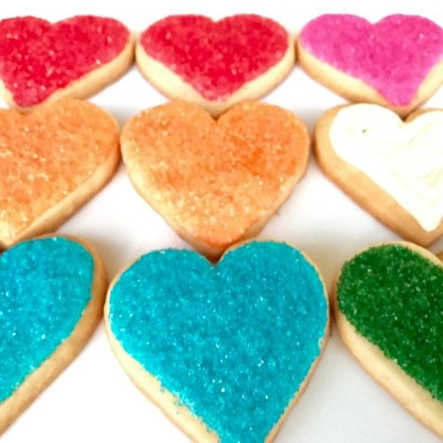Heart shaped sugar cookies. Premium ingredients. Choose your color for sprinkles. Ships US. super love cookies