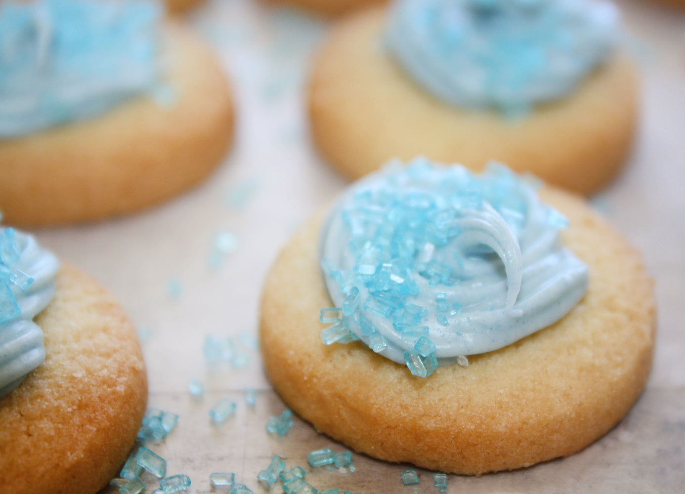 Blue sprinkled sugar cookie dots in college colors perfect care package gift