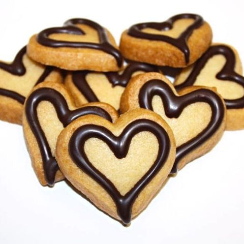 chocolate heart shaped sugar cookies gift wrapped. Natural ingredients swirled with premium dark chocolate