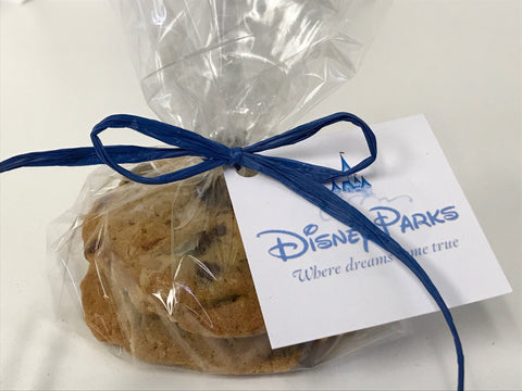 Disney chocolate chip cookie favor | Personalize cookie favors wrapped in cello with ribbon and hangtag