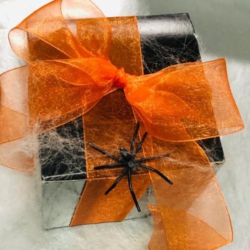 Halloween cookie gift box | personalize with custom note. Black box with orange ribbon and spider