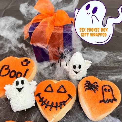 halloween cookie gifts heart-shaped sugar cookies with Halloween expressions. natural and organic ingredients. Personalize for employee gifts. 