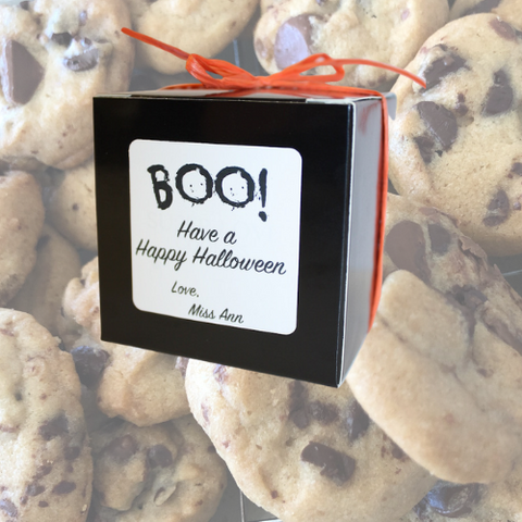 Halloween treat cookie box | mini chocolate chunk cookies natural and organic ingredients. Personalize for employee gifts, clients, friends