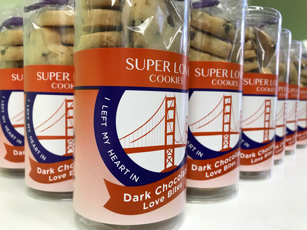 heart shaped sugar cookies in golden gate bridge packaging