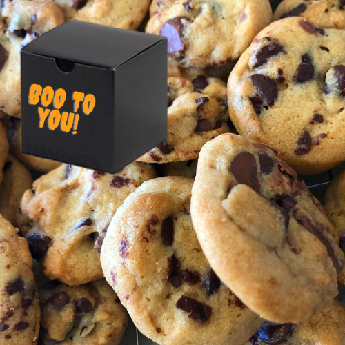 Halloween cookie gifts packed with chocolate chip cookies and gift wrapped