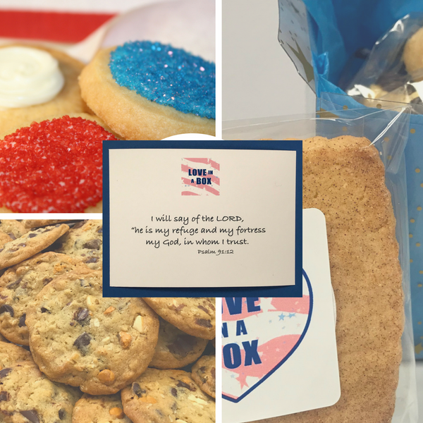 Cookie gifts to support troops packed with sugar cookies, chocolate chip cookies, jerky, toiletries