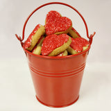 red heart shaped cookie gift bucket