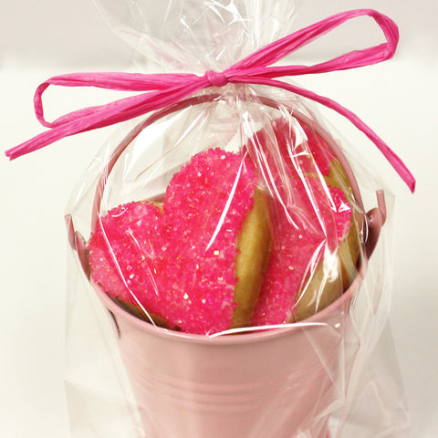 pink heart shaped cookies in pink bucket with bow personalized cookie gift