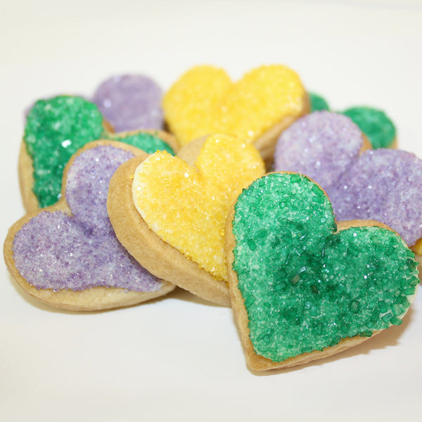 Yellow, Green and Purple Mardi Gras Heart-Shaped Sugar Cookies