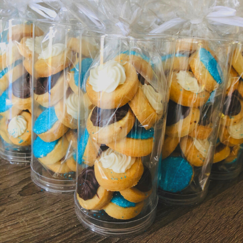 Military care package includes sugar cookie dots. White chocolate and dark chocolate swirled.